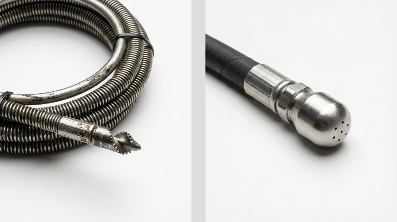 Drain snake cable and hydro jetting nozzle used for drain cleaning in Sedgwick, ME