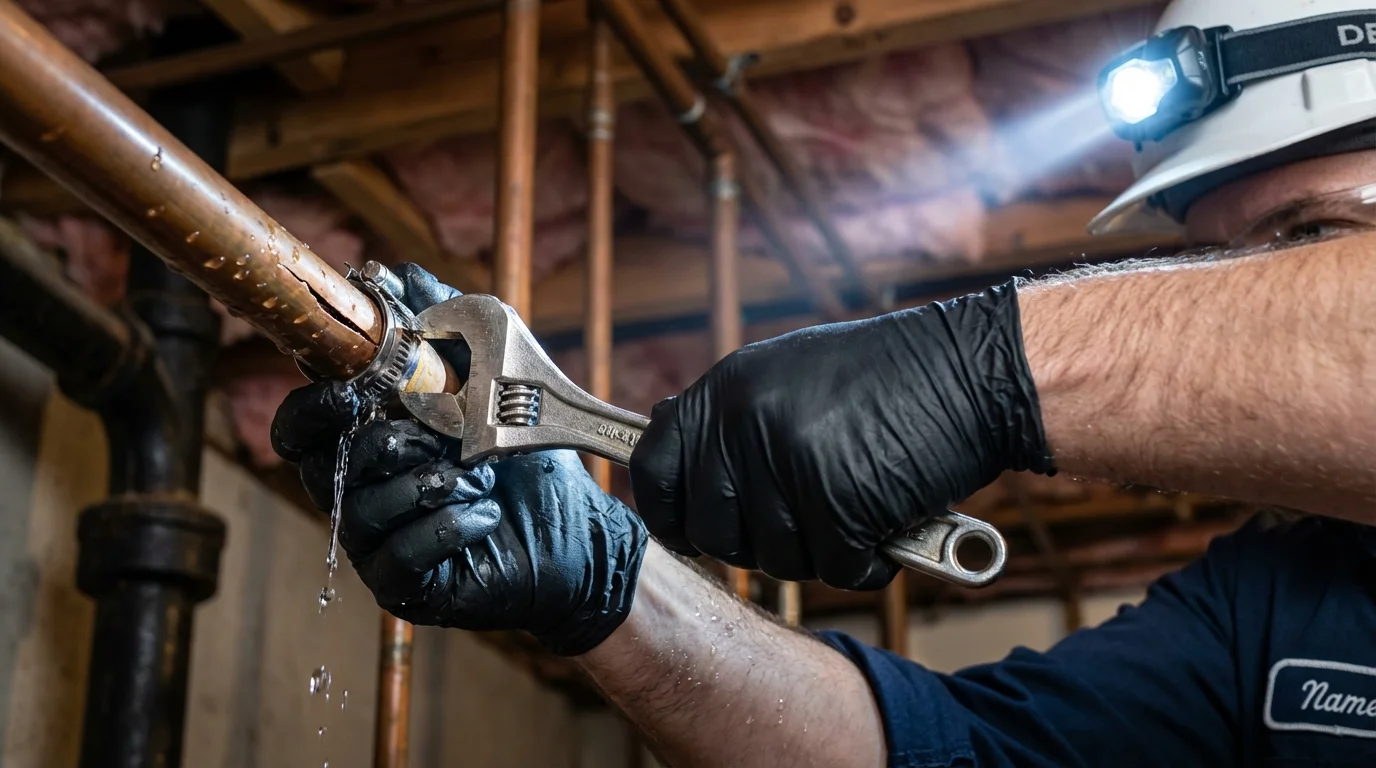 Emergency pipe clamp repair being performed by a Johns Plumbing LLC plumber in Sedgwick
