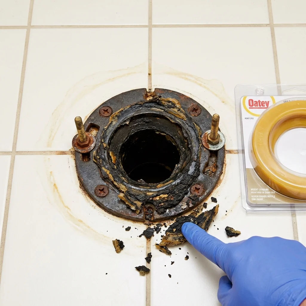 Failed wax ring showing water seepage at the base of a toilet in a Sedgwick, ME home